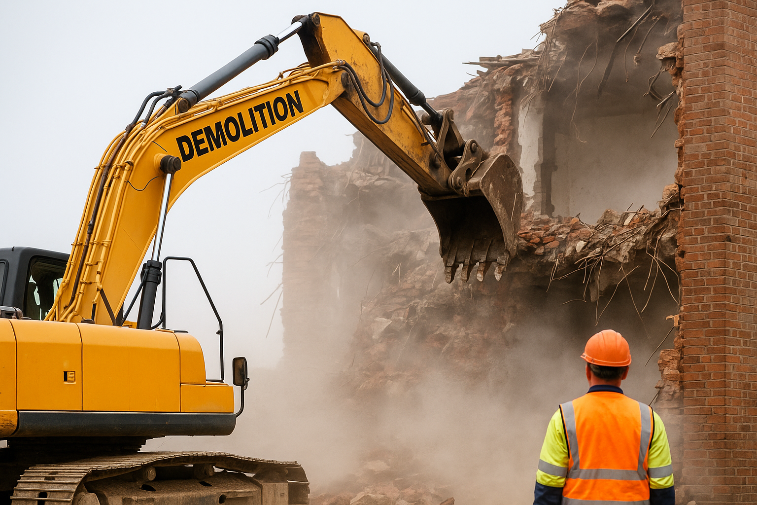 Professional demolition excavator in action